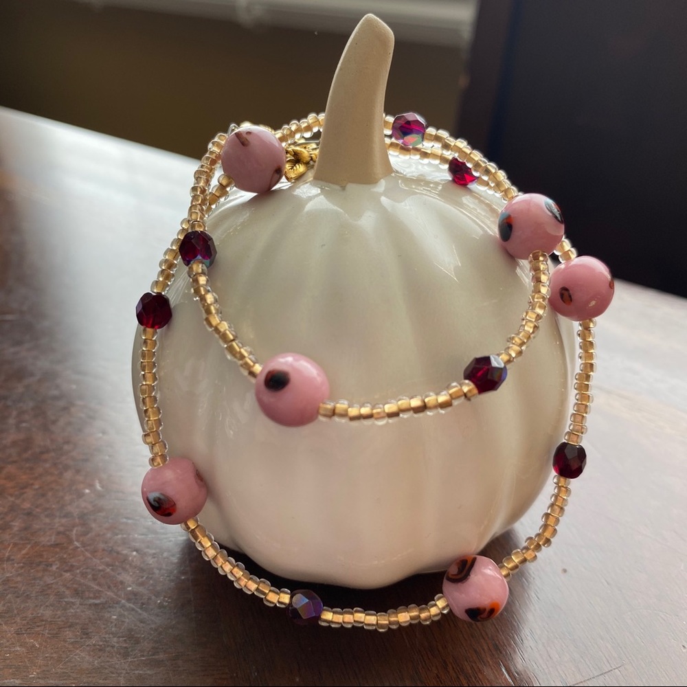 Pink, Burgundy & Gold Beaded 16 inch Necklace